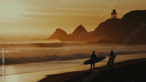 Golden hour surfers walk along the beach with boards at sunset with a lighthouse