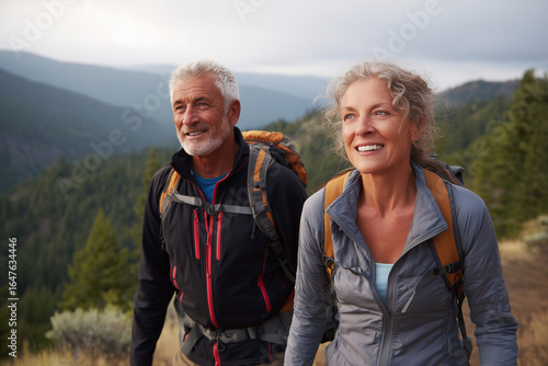 Close up of an Active older couple hiking mountain trail together