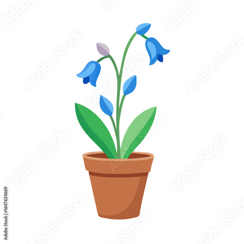 Stylized bluebell flower plant in a terracotta pot on a black background
