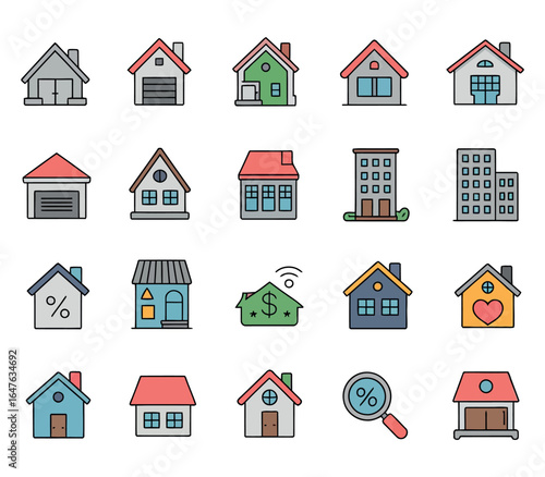 Urban and Suburban House Icon Set Bundle Vector with Clean White Background.