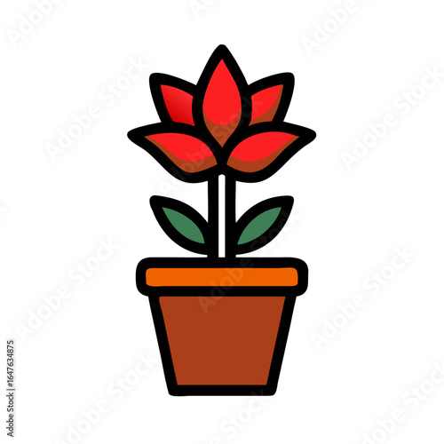 Stylized houseplant with red petals and green leaves in brown pot on black