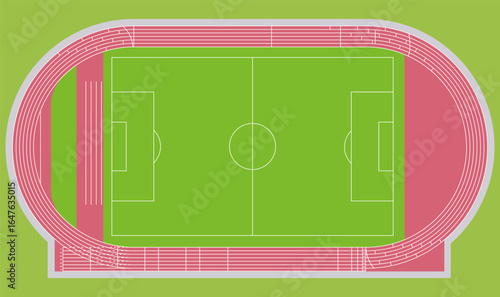 Top view illustration of a football field with surrounding running track, stadium layout in green and red colors.