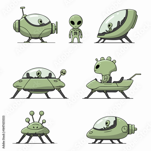 Stylized Cartoon Spaceships Collection: A Set of Six Diverse Blue and White Futuristic Spacecraft Illustrations with Landing Gear on White Background
