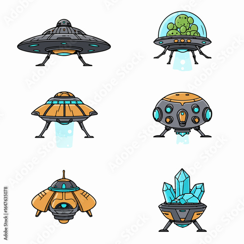 Fotografie Collection of diverse futuristic sci-fi spaceships in cartoon illustration style on white background, ideal for game assets or creative projects