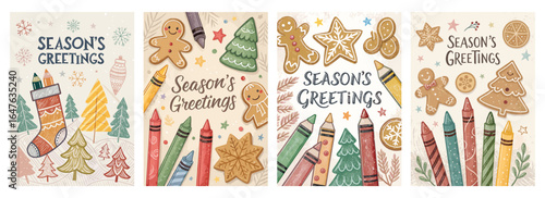 Colorful holiday greeting cards featuring festive designs, including trees, cookies, and crayons.