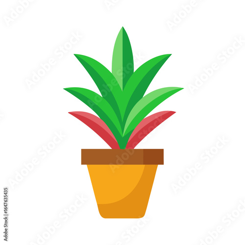 Stylized potted plant with green and red leaves set against black backdrop