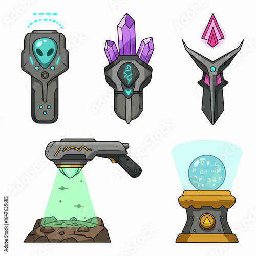 Colorful Cartoon Astronaut Helmets with Cosmic Visors, Featuring Planets and Stars – Space Exploration Vector Icons.