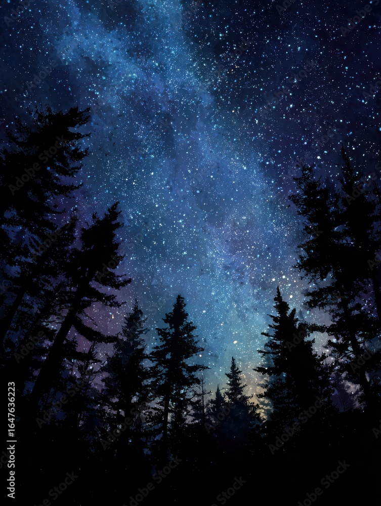 Naklejka premium silhouetted trees stand tall against the backdrop of a beautiful starry night sky filled with twinkling stars