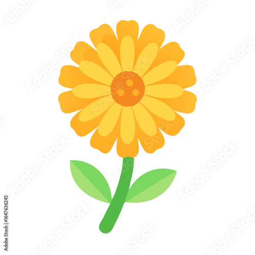 Flat vector yellow daisy flower with green stem and leaves on black