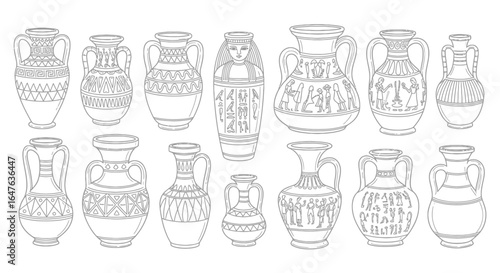 Ancient Egyptian pottery collection with hieroglyphs and intricate designs for history projects