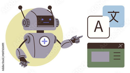 Robot with antenna and screen face pointing at multilingual translation icons. Ideal for technology, AI, automation, language learning, communication tools, education, simple flat metaphor