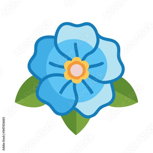 Isolated blue forget-me-not flower illustration with green leaves on a black background