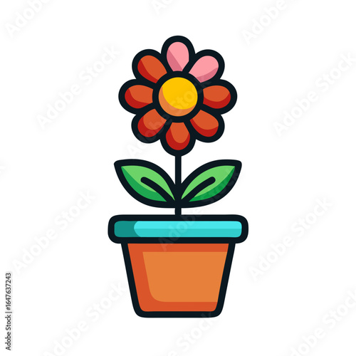Whimsical potted flower with vibrant orange petals and turquoise pot on black background