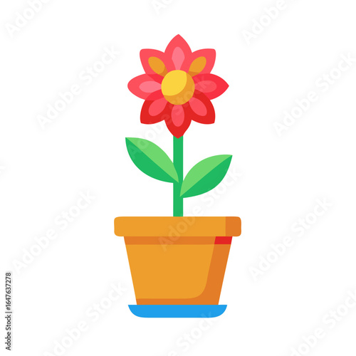 Stylized red flower with yellow center in an orange pot on black background