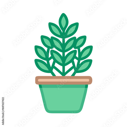 Potted plant flat vector art with fresh green leaves on black background