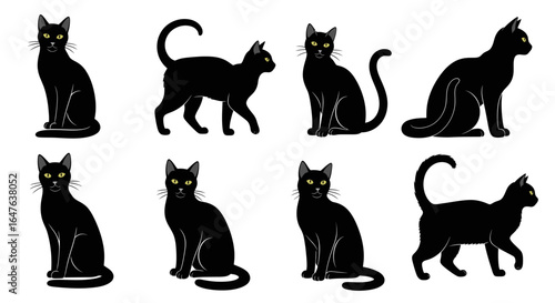 Elegant black cat poses in various positions with bright yellow eyes on white background