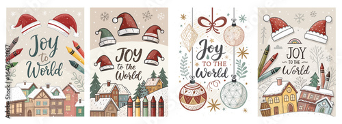 Festive holiday-themed illustrations featuring joyful messages and colorful decorations.