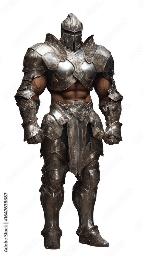 A man in a knight costume stands in front of a white background A man in a knight costume stands in front of a white background