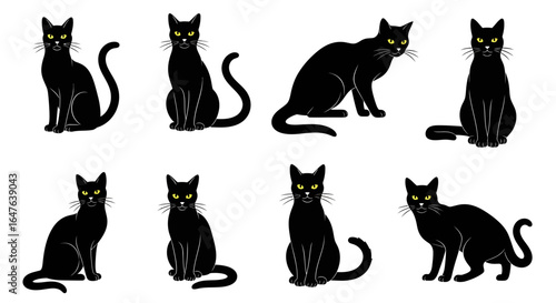 Elegant black cat silhouettes in various poses perfect for design projects and branding