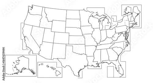 Blank outline map of the United States with states and territories ready for design use