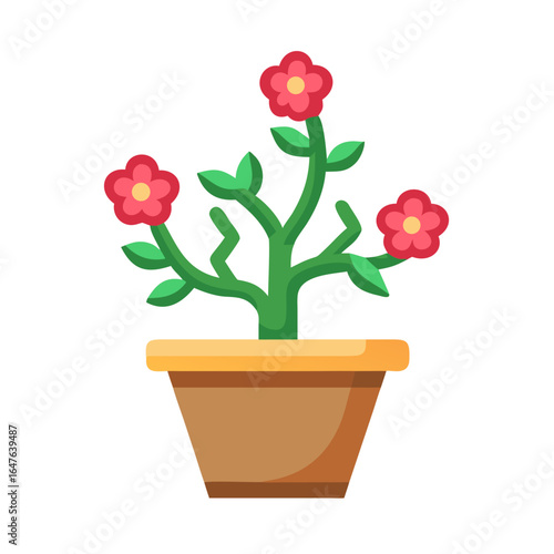 Flat design illustration of flower plant in a pot on black background