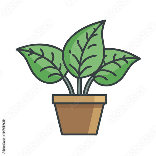 Illustration of a potted houseplant with three leaves against a black background