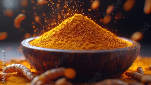 Fototapeta Naklejka Na Ścianę i Meble -  Turmeric powder in a wooden bowl, with spice bursts