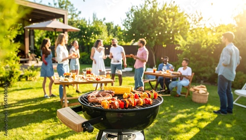 Group of friends enjoying a backyard barbecue under a sunny summer day