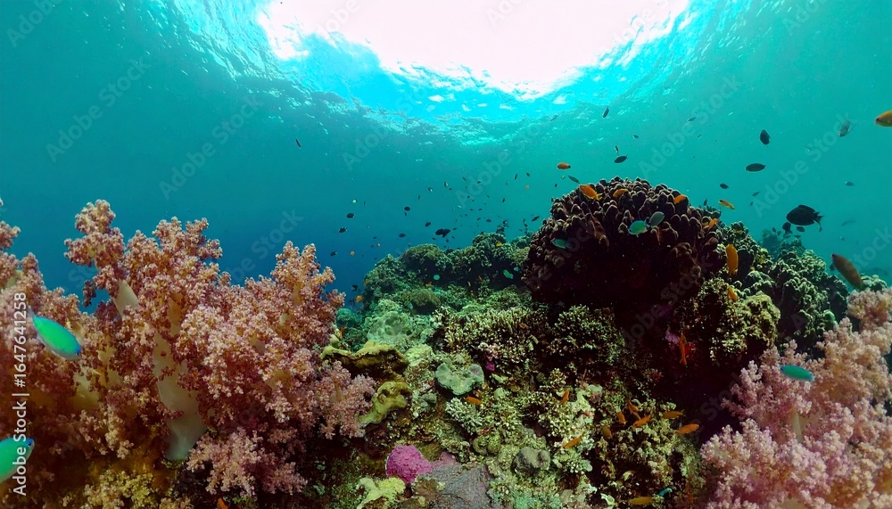 Naklejka premium Vibrant Coral Reef Ecosystem with Abundant Fish Under Turquoise Water