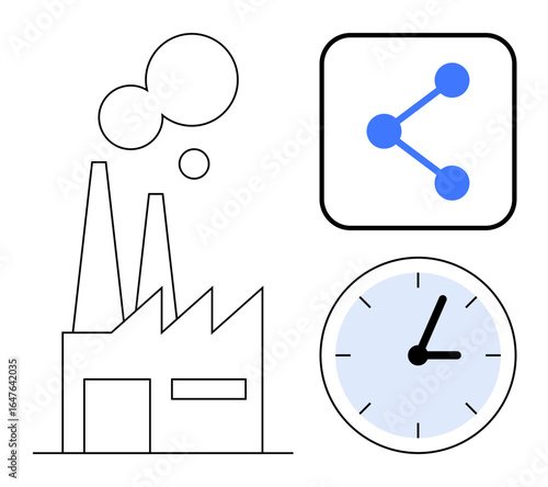 Factory with chimneys, digital sharing icon, and analog clock symbolizing production, technology, connectivity, efficiency, time management, industrial innovation, and simple landing page