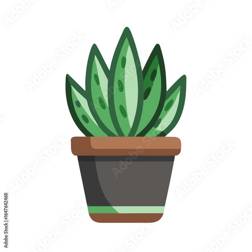 Stylized aloe vera plant in pot against black background, flat vector illustration