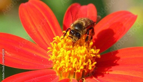 Honey Bee Pollinating a Vibrant Red Tithonia Flower in Sunlight