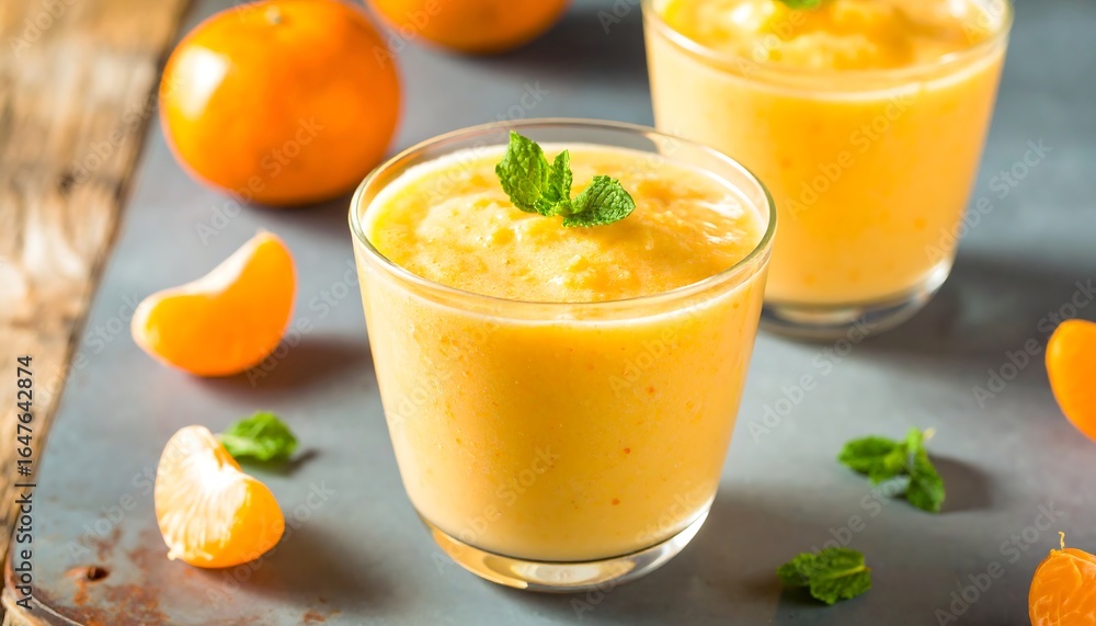 Refreshing Tangerine Smoothie with Mint Garnish on Rustic Background Refreshing Tangerine Smoothie with Mint Garnish on Rustic Background