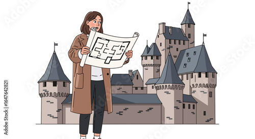Architect Girl Examining Blueprint Plan Building Against Fairytale Castle