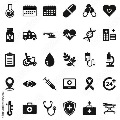 Medical and Healthcare Glyph Icon Set. Pharmacy, Hospital, and Human Organs Symbols.
