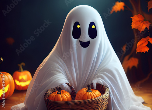 Funny Halloween Kid Concept, little cute child with white dressed costume halloween ghost scary holding orange pumpkin ghost on hand
