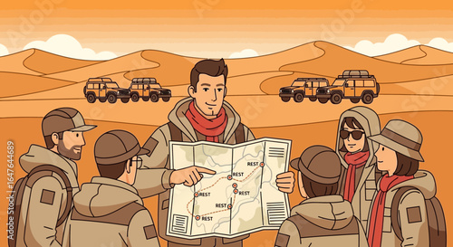 Desert Adventure Awaits Group Discussing Map Before Journey