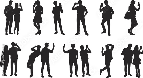 Silhouettes of people taking selfies with smartphones, group and individual poses, male and female figures isolated on white background illustration