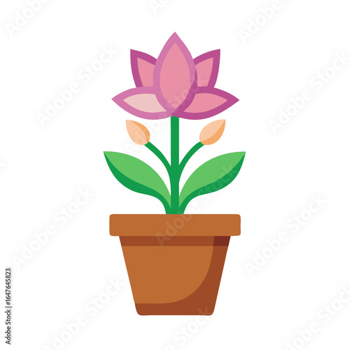 Stylized pink lotus flower in brown pot on black background flat illustration