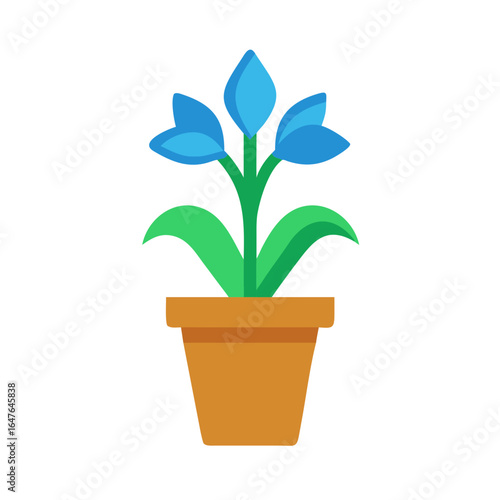 Stylized blue flowerpot illustration with green leaves on black background, simple and elegant