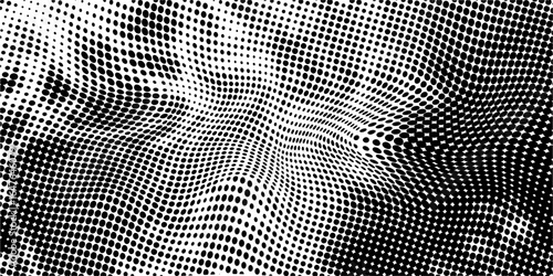 Fading halftone grungy background. Vanishing grain gritty textured wallpaper. Black white comic noise grit surface. Pixelated speckles, dots or particles overlay. Vector aged dirty sand backdrop cover