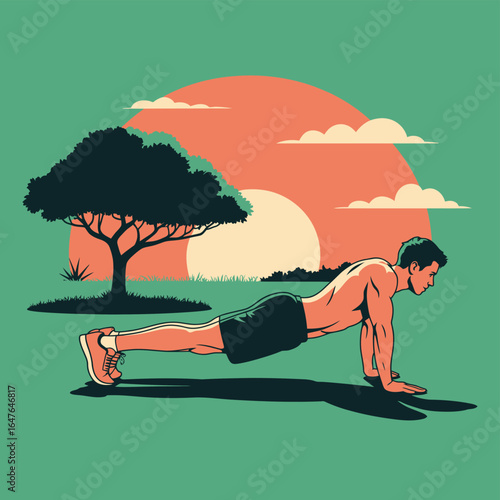 Tropical summer vacation illustration of a woman doing yoga on the beach at sunset with the sun setting over the ocean