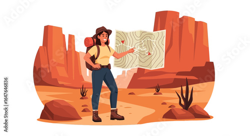 Female Hiker Consulting Topographic Map In Arid Desert Landscape