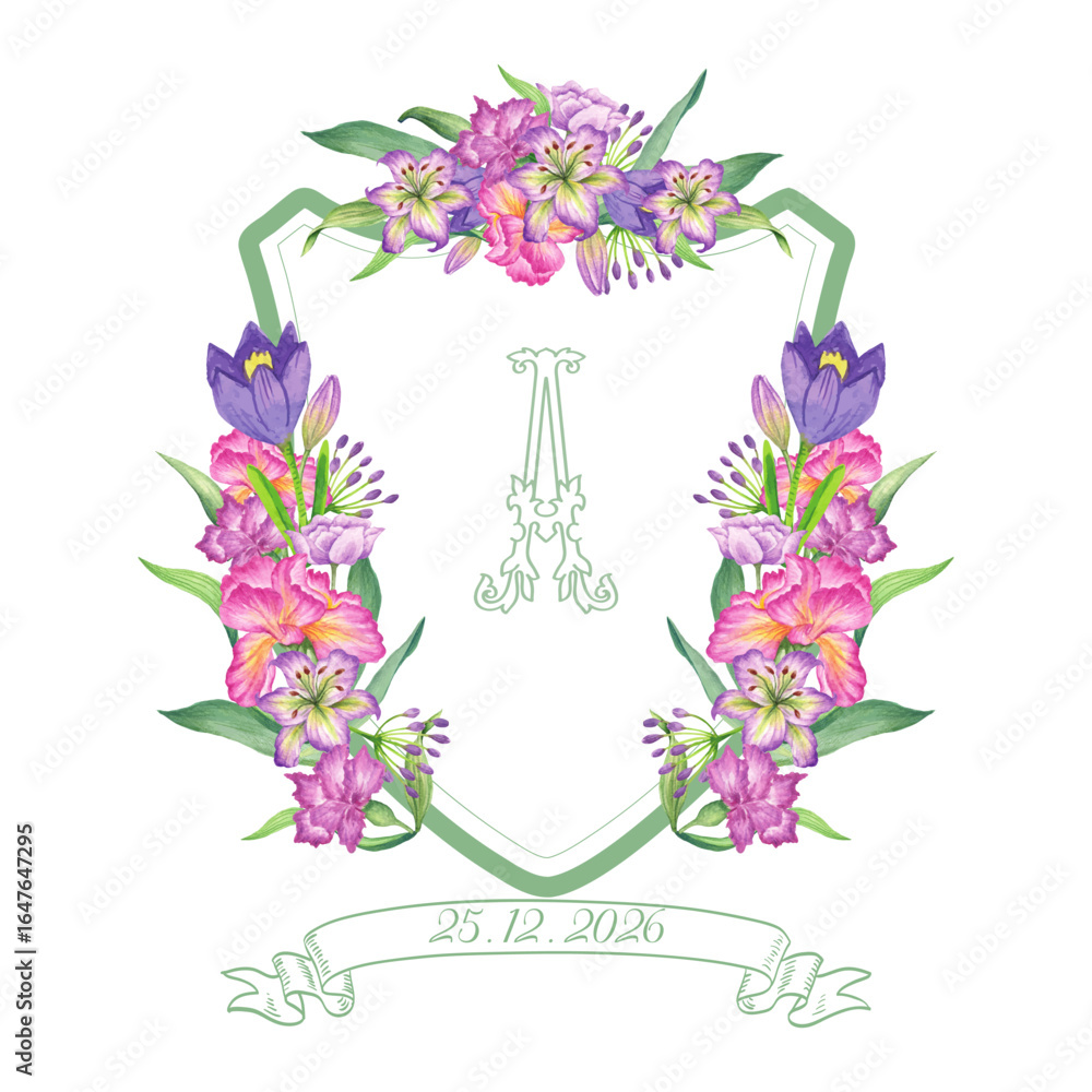 Obraz premium Elegant floral crest with monogram letter a, gladiolus and iris flowers, isolated on white background