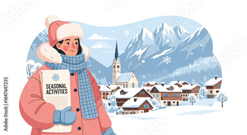 Girl Holding Seasonal Activities List In A Winter Wonderland Village