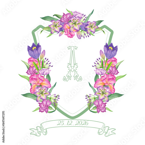 Elegant floral crest with monogram letter a, gladiolus and iris flowers, isolated on white background