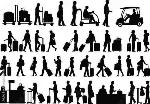 Silhouettes of travelers at airport with luggage, walking, waiting, checking in, using carts, family travel concept, tourism, vector illustration