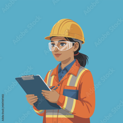 A professional female construction engineer in a hardhat and safety vest works on a laptop, a portrait of a female architect