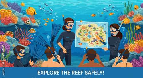 Guided Snorkeling Trip Among Colorful Coral Reefs Vector Illustration