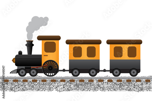 Vintage steam locomotive on white background. Old 19th century train, classic retro railroad transport. Vector illustration EPS 10.